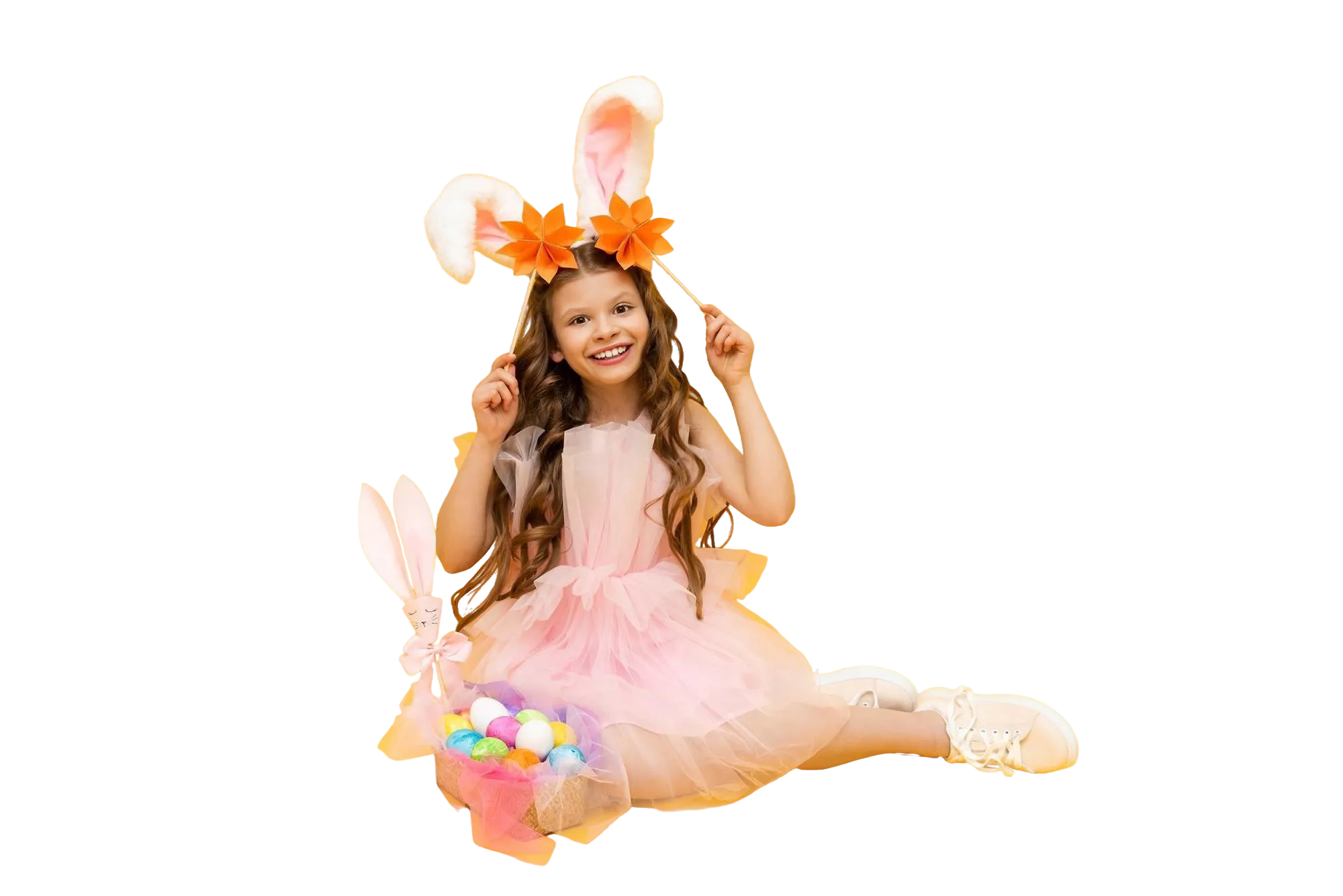 festive-easter-curlyhaired-girl-with-rabbit-ears-pink-dress-is-enjoying-holiday-child-with-basket-colorful-eggs-yellow-isolated-background
