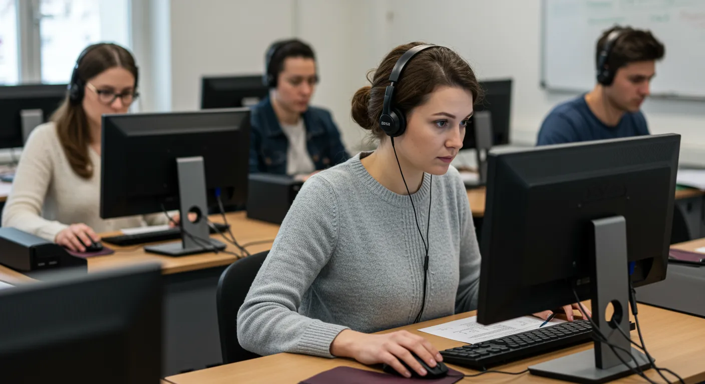 Adultes passent un test de langue online